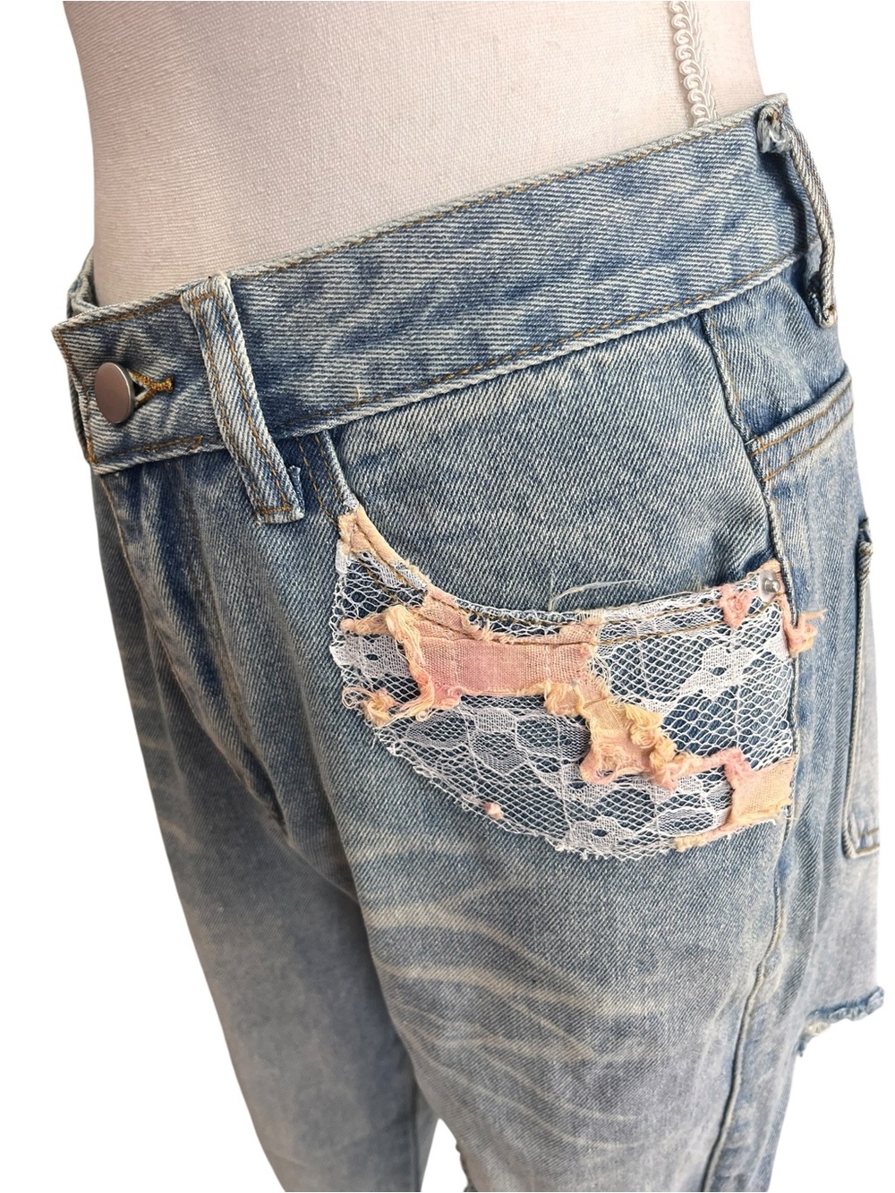 Aelfric Eden Distressed Lace Patchwork Baggy Wide Leg Jeans Size 29 NWT - Picture 8 of 15